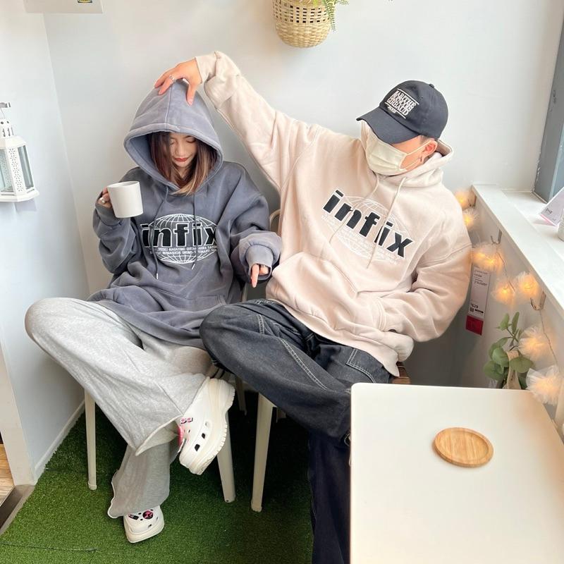 韓國洗水Infix刺繡地球帽T 帽踢 長袖 連帽上衣 男裝 女裝 情侶衣 韓系 穿搭 pop 98963-細節圖3