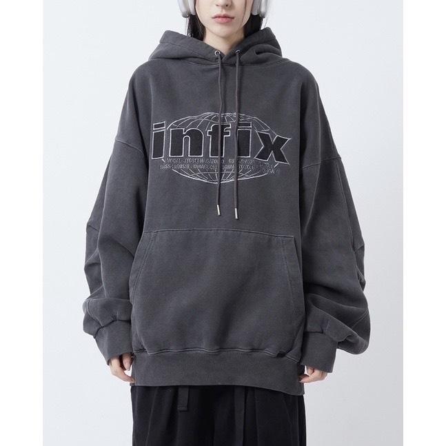 韓國洗水Infix刺繡地球帽T 帽踢 長袖 連帽上衣 男裝 女裝 情侶衣 韓系 穿搭 pop 98963-細節圖7