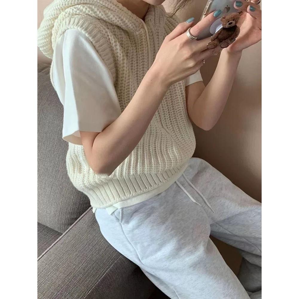 連帽針織背心 針織上衣 無袖 毛衣 毛線上衣 連帽上衣-細節圖2