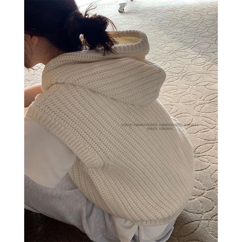 連帽針織背心 針織上衣 無袖 毛衣 毛線上衣 連帽上衣-細節圖4