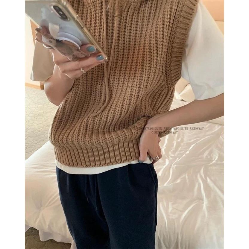 連帽針織背心 針織上衣 無袖 毛衣 毛線上衣 連帽上衣-細節圖6