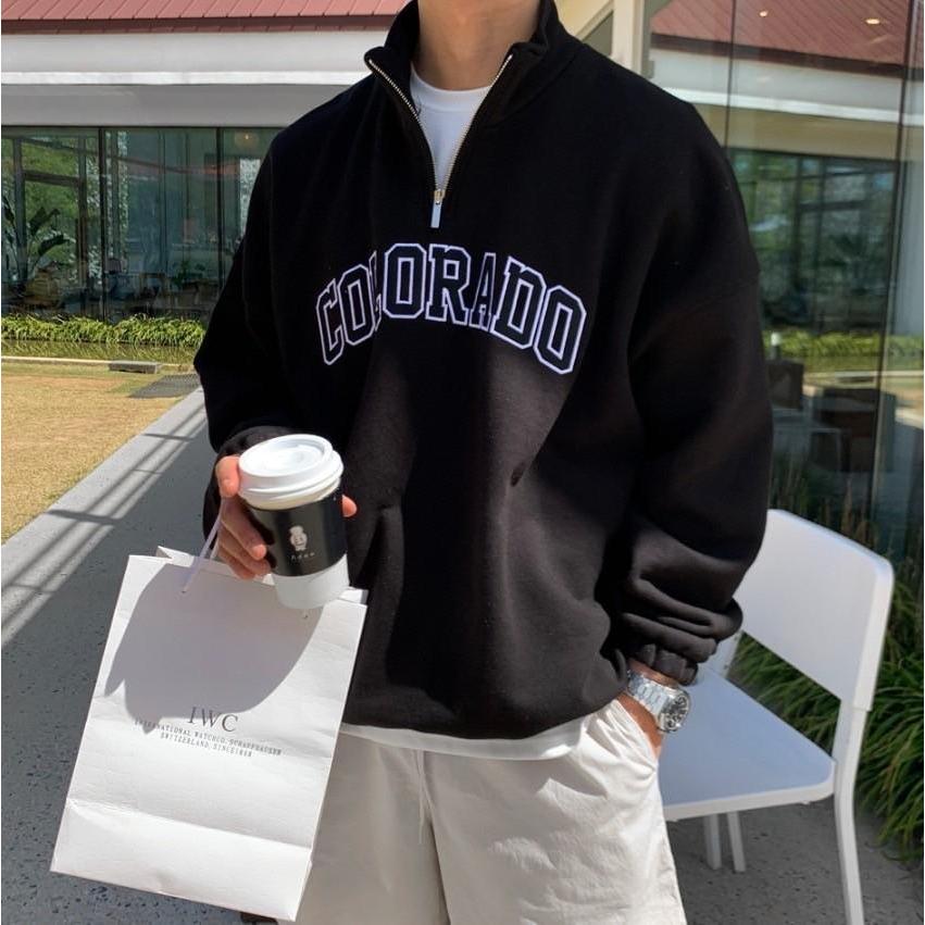 韓國 COLORADO 半拉鍊 貼布袖立領 大學T 大學踢 半拉鍊 長袖 情侶衣 女生長袖 男生上衣 內鋪棉-細節圖2