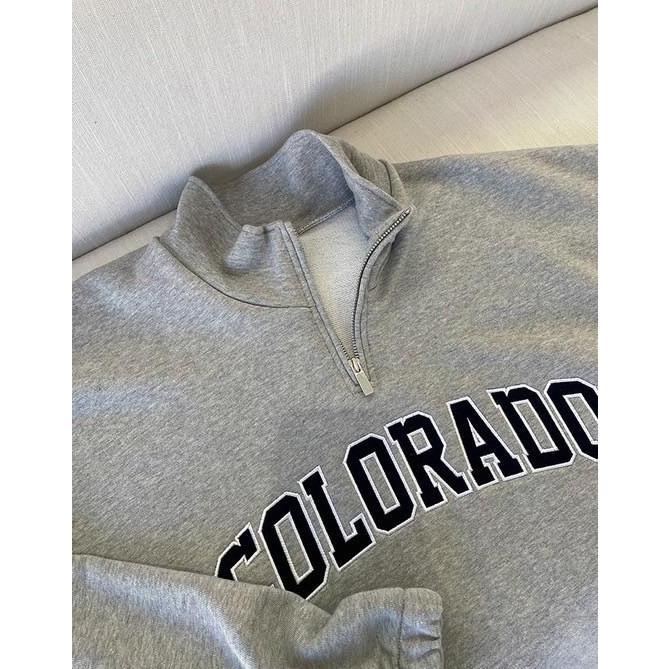 韓國 COLORADO 半拉鍊 貼布袖立領 大學T 大學踢 半拉鍊 長袖 情侶衣 女生長袖 男生上衣 內鋪棉-細節圖3