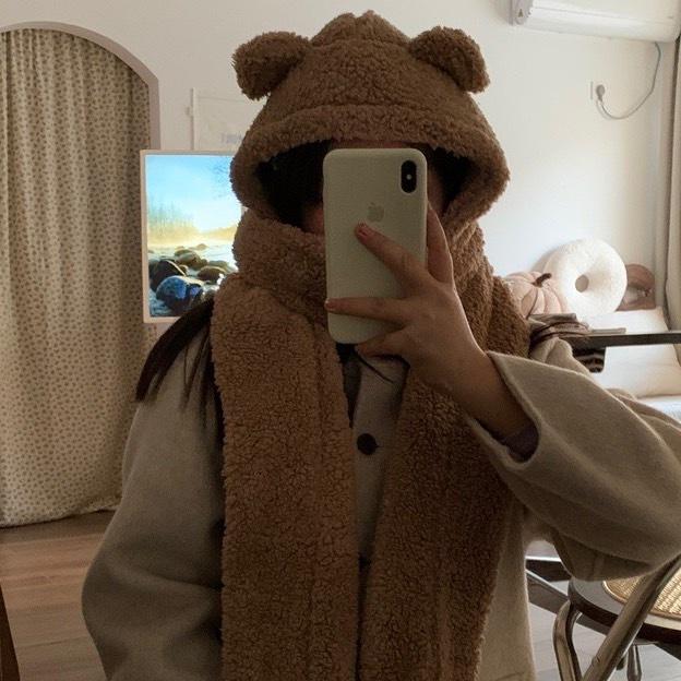 可愛爆了！Jennie同款 羊羔絨小熊耳朵 帽子 圍巾 一體帽 保暖 護耳 圍脖-細節圖4