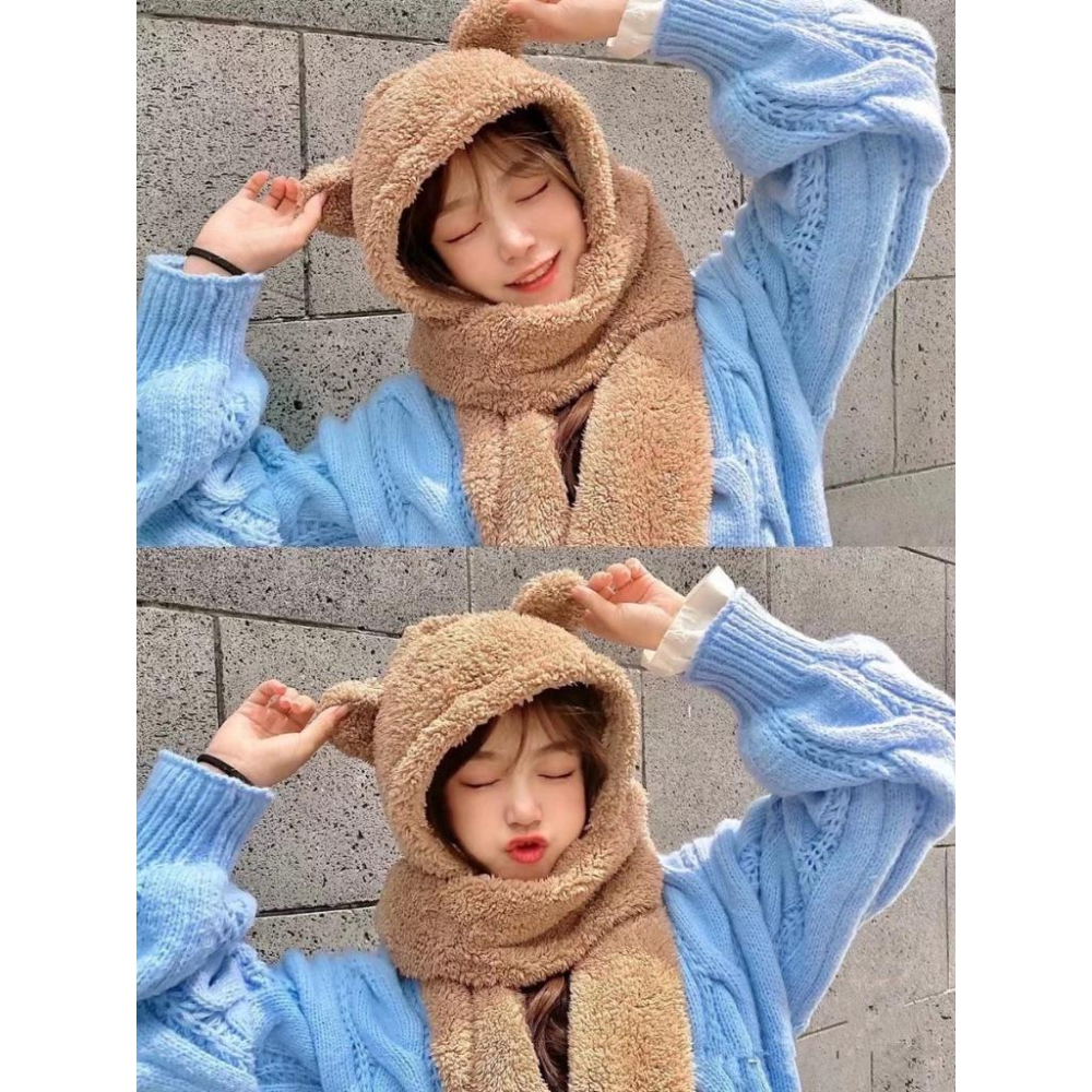 可愛爆了！Jennie同款 羊羔絨小熊耳朵 帽子 圍巾 一體帽 保暖 護耳 圍脖-細節圖5