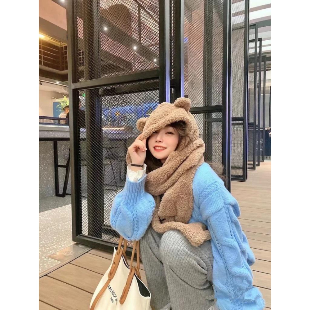 可愛爆了！Jennie同款 羊羔絨小熊耳朵 帽子 圍巾 一體帽 保暖 護耳 圍脖-細節圖6