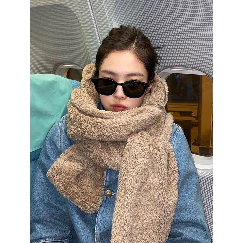 可愛爆了！Jennie同款 羊羔絨小熊耳朵 帽子 圍巾 一體帽 保暖 護耳 圍脖-細節圖7