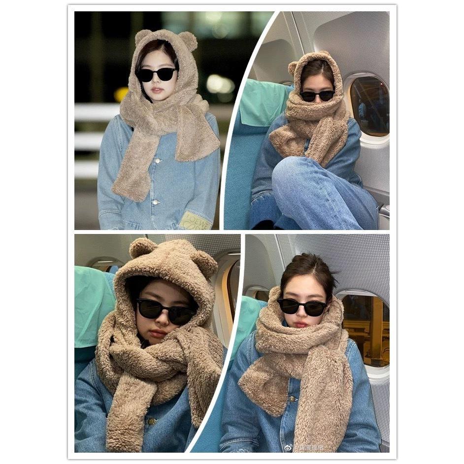 可愛爆了！Jennie同款 羊羔絨小熊耳朵 帽子 圍巾 一體帽 保暖 護耳 圍脖-細節圖9