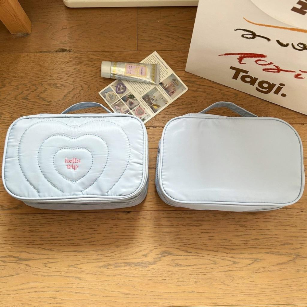 海鹽藍 手提翻蓋化妝包 分層 外出旅行 洗漱包 大容量化妝包 ins 手提 便攜 收納包 洗漱包 出國 化妝收納 收納盒-細節圖2