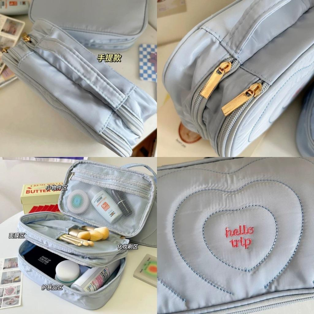 海鹽藍 手提翻蓋化妝包 分層 外出旅行 洗漱包 大容量化妝包 ins 手提 便攜 收納包 洗漱包 出國 化妝收納 收納盒-細節圖5