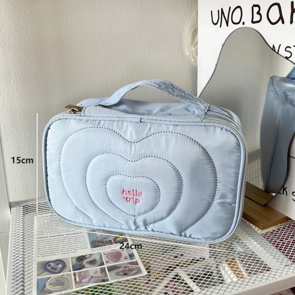 海鹽藍 手提翻蓋化妝包 分層 外出旅行 洗漱包 大容量化妝包 ins 手提 便攜 收納包 洗漱包 出國 化妝收納 收納盒-細節圖6