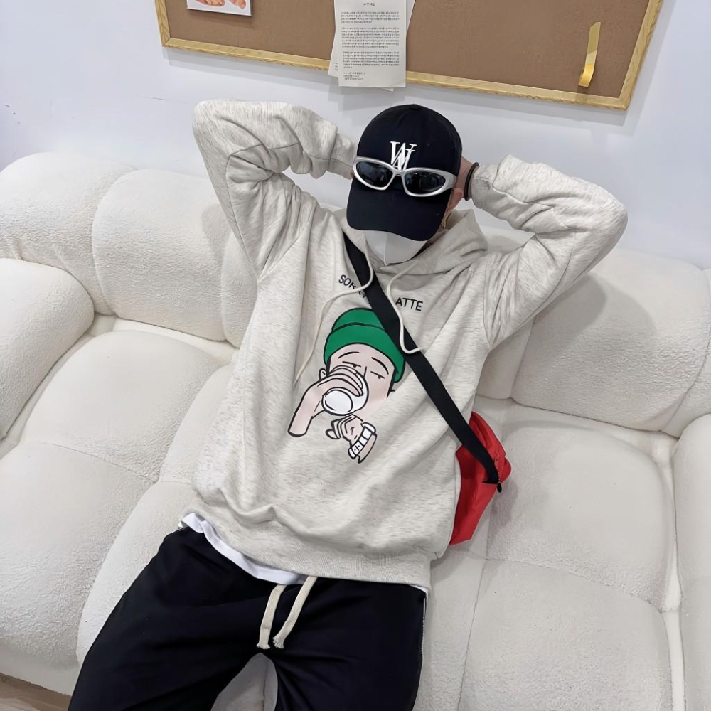 韓國升級版 喝咖啡哥人像男 刷毛 帽T 連帽上衣 上衣 帽踢-細節圖2