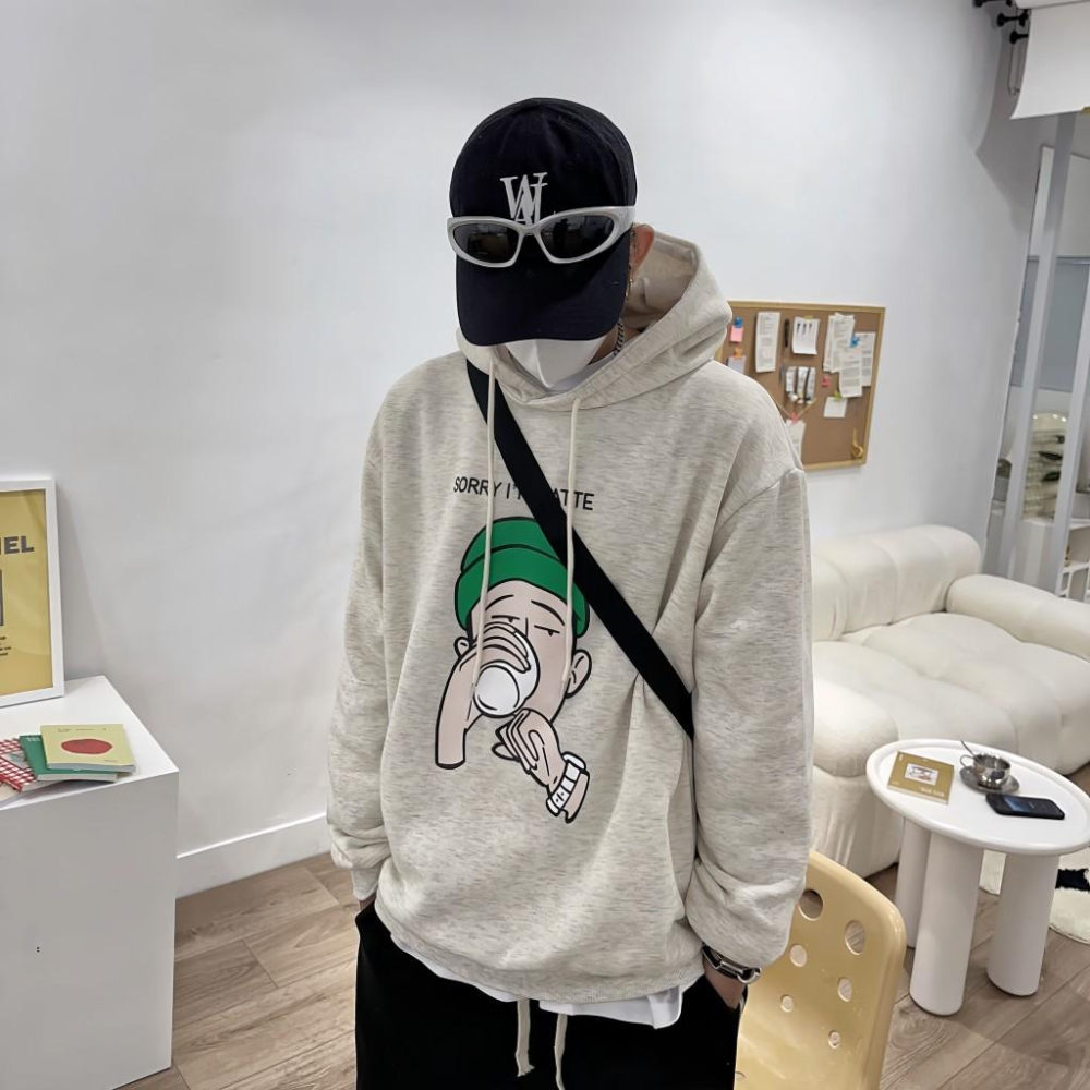 韓國升級版 喝咖啡哥人像男 刷毛 帽T 連帽上衣 上衣 帽踢-細節圖8