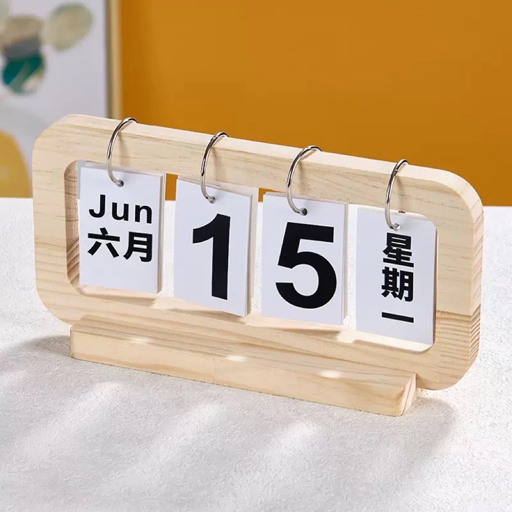 木質翻頁萬年曆 桌上型日期日曆 手動翻頁月曆 原木桌面擺飾 辦公室居家日曆-細節圖2
