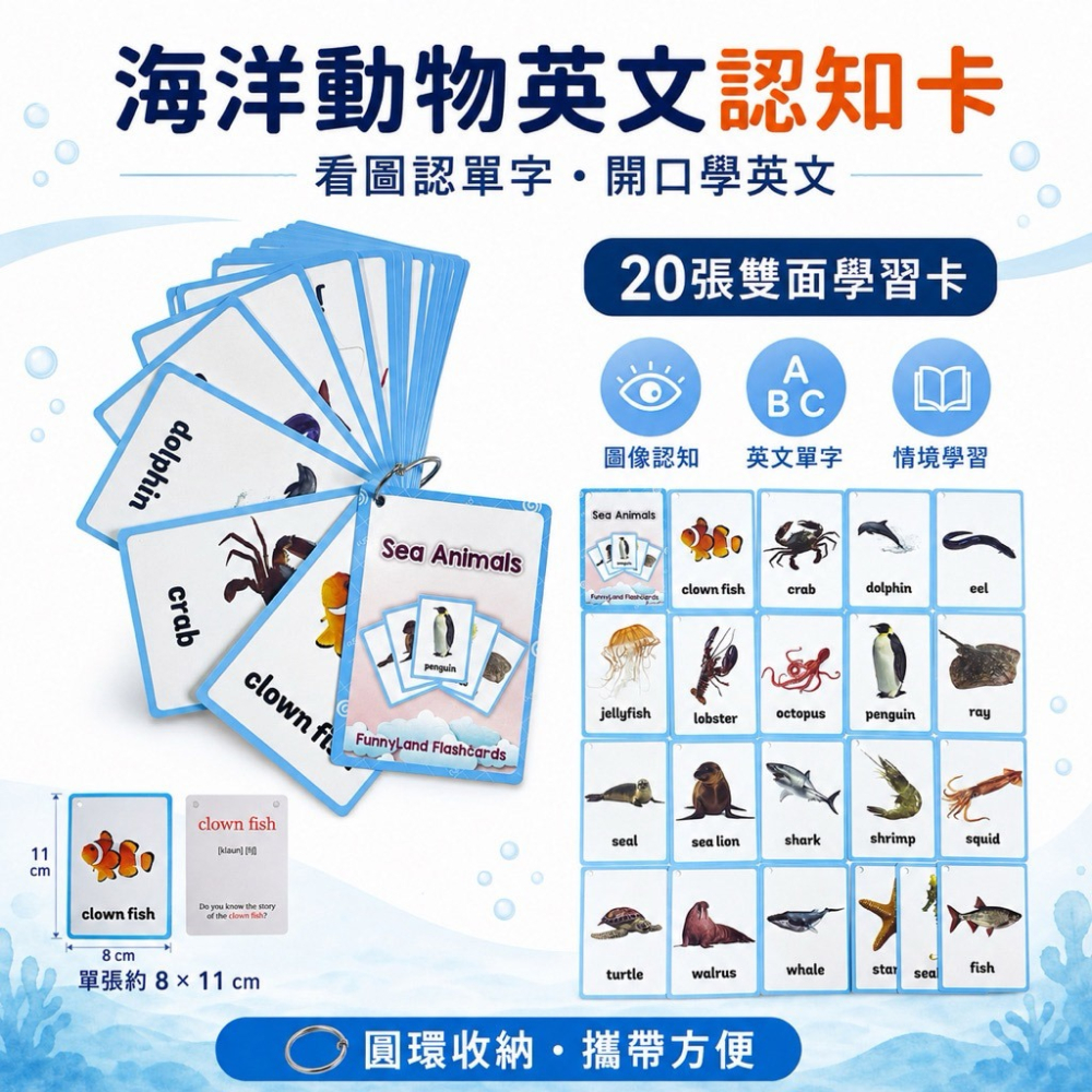 海洋動物英文認知 20張雙面單字學習卡 英文海洋認知卡 認識海洋動物卡 海洋生物卡 英文學習卡-細節圖2