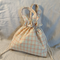 大束口袋-粉色格紋