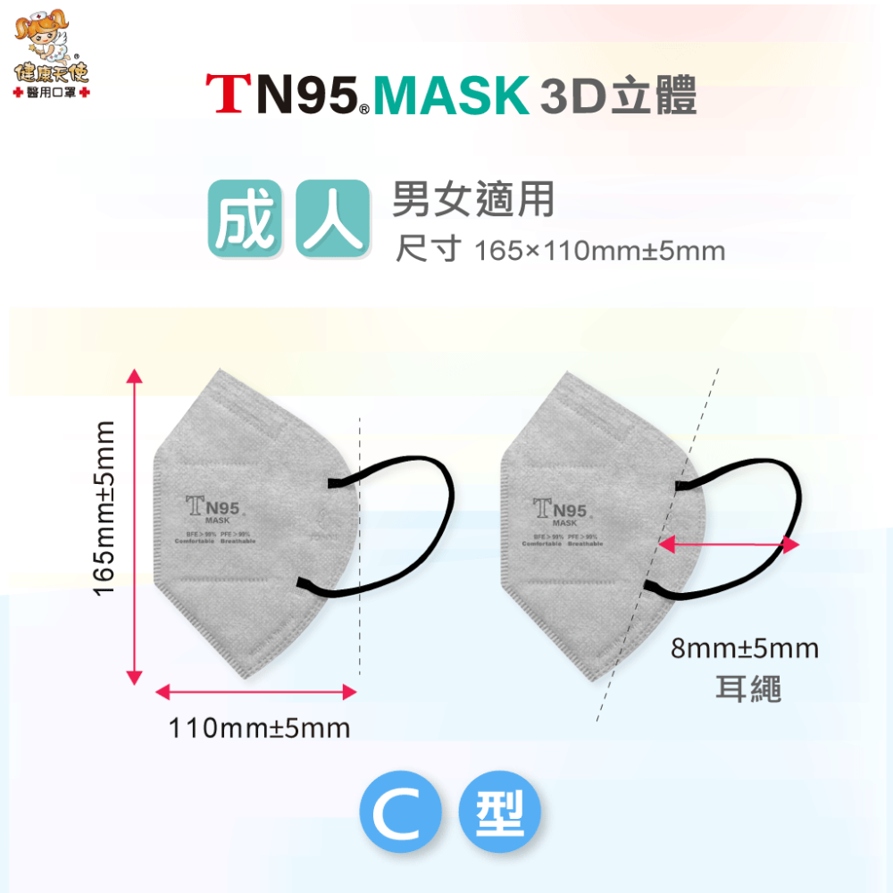 健康天使 立體醫用TN95口罩 獨立單包裝 20入/盒 彩色耳繩款 3D立體成人醫療口罩 台灣製造🇹🇼-細節圖3