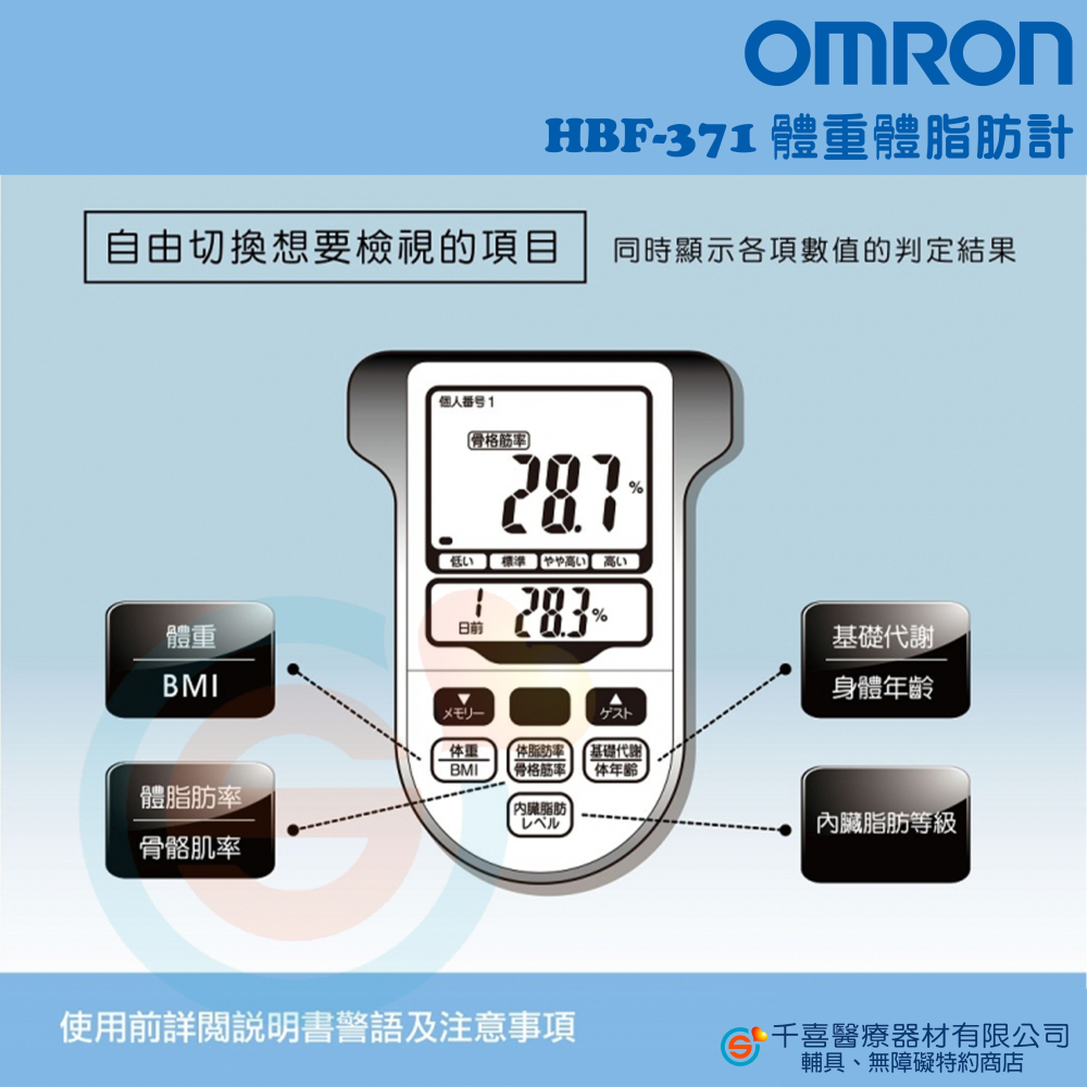 OMRON 歐姆龍 HBF-371體組成計 可測內臟脂肪 BMI 身體年齡 基礎代謝 骨骼肌率 四點全身式測量 體重計-細節圖6