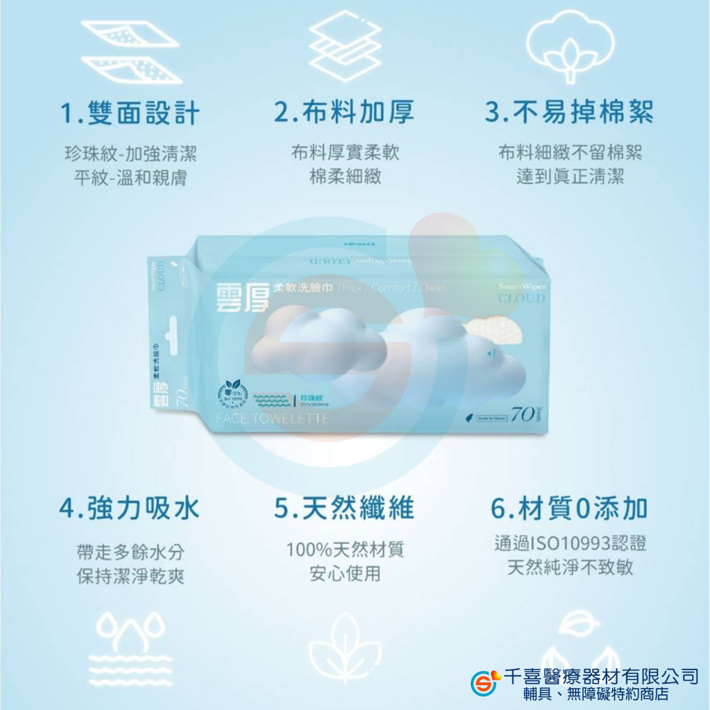 Smart Wipes CLOUD-雲厚柔軟洗臉巾-珍珠紋 卸妝保養 ISO認證 100%植物纖維 無香精 乾濕兩用-細節圖6