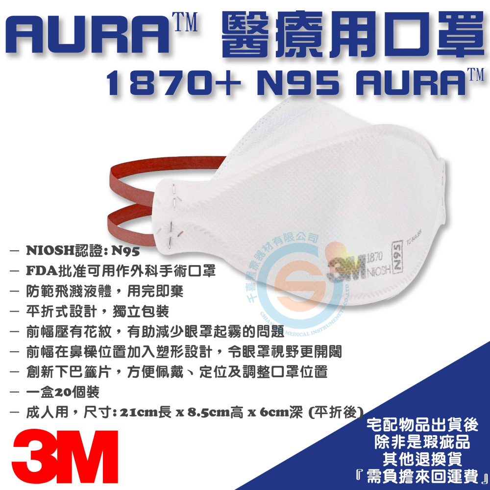 3M™ 1870+ N95 AURA™ 醫療用口罩 – 成人(獨立裝) (20個/盒) 醫療用N95口罩 醫療用立體口罩-細節圖3