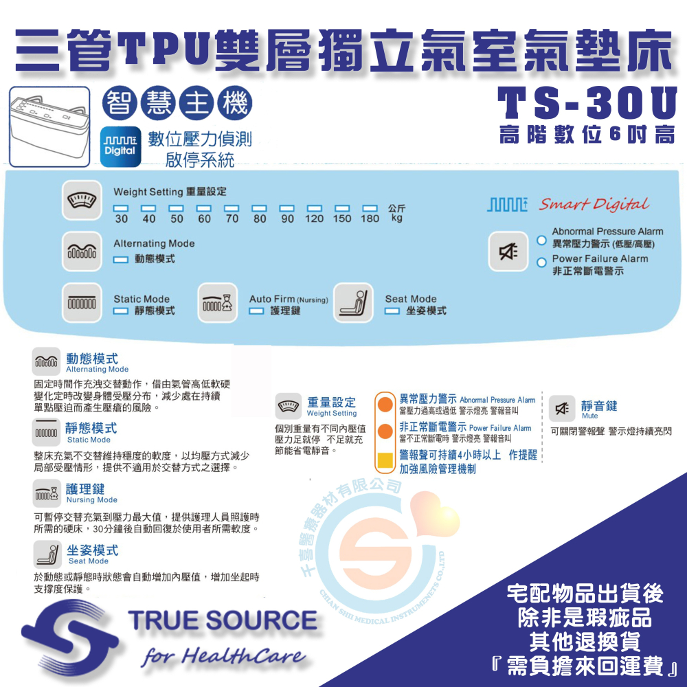 TRUE SOURCE 淳碩 TS-30U 高階數位進階型 6吋三管純TPU雙層獨立氣室氣墊床 多功能減壓氣墊床 減壓床-細節圖2