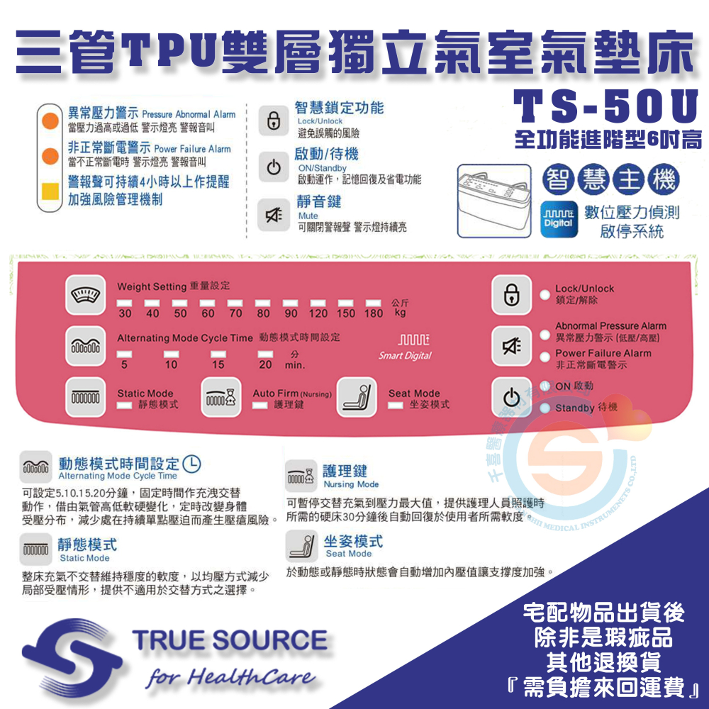 TRUE SOURCE 淳碩 TS-50U 全功能數位進階型 6吋三管純TPU雙層獨立氣室氣墊床 多功能減壓氣墊床 減壓-細節圖2