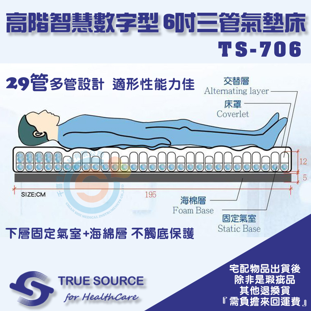 TRUE SOURCE 淳碩 TS-706 高階智慧數字型 6吋三管氣墊床 減壓床墊 斷電不觸底 防褥瘡床墊 防褥瘡氣墊-細節圖4