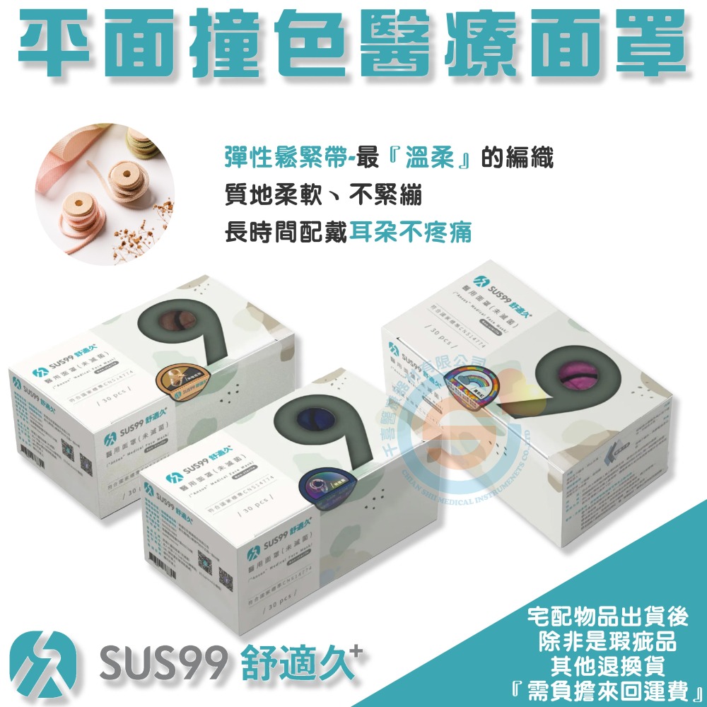 SUS99 舒適久 平面醫用面罩 平面醫療口罩 撞色系列口罩 多色醫療口罩 成人平面口罩 兒童平面口罩 台灣製-細節圖6