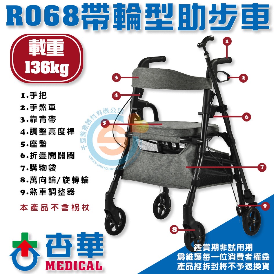 ChinHwa 杏華 R068帶輪型助步車 輕巧散步車 四輪購物車 高載重助步車 高載重散步車 千喜醫療 可折疊-細節圖3