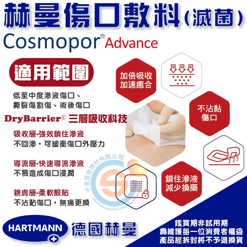 Cosmopor® Advance 赫曼傷口敷料 DryBarrier® 三層吸收科技 液傷口、撕裂傷、割傷、術後傷口-細節圖2