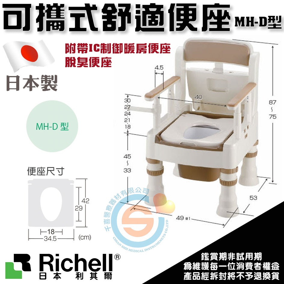 杏豐 日本Richell 利其爾 可攜式舒適便座MH-D暖房脫臭型 REC45651象牙白/45653深咖啡 日本製造-細節圖2