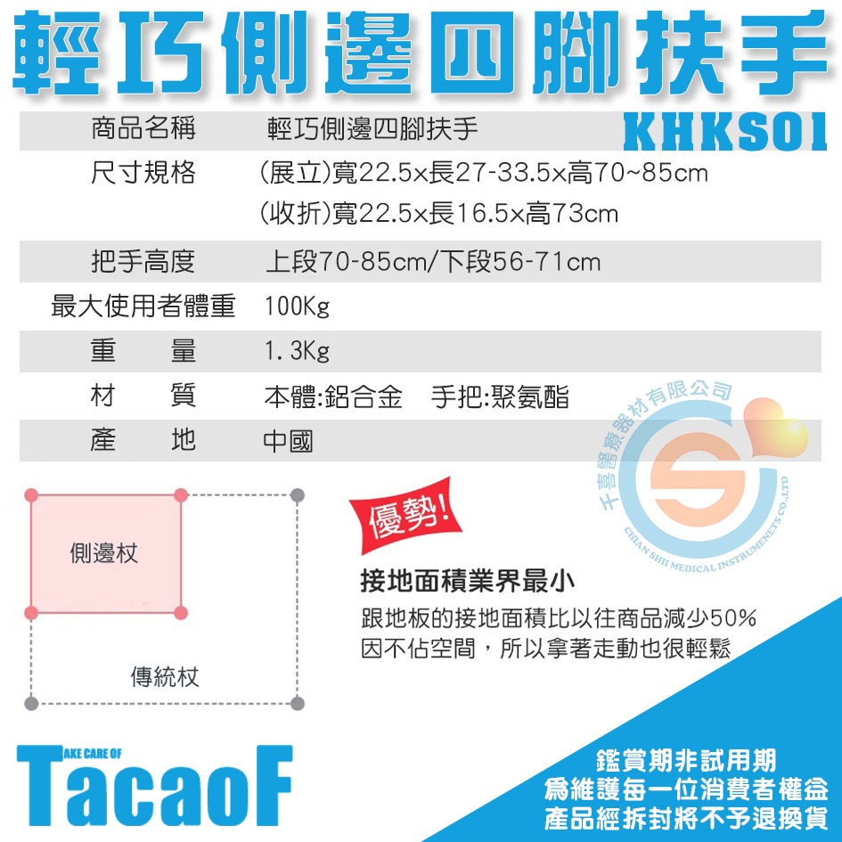 杏豐 日本幸和TacaoF 輕巧側邊四腳扶手 KHKS01 安全支撐 單邊扶手柺杖 四點柺杖 四點折疊柺杖-細節圖5