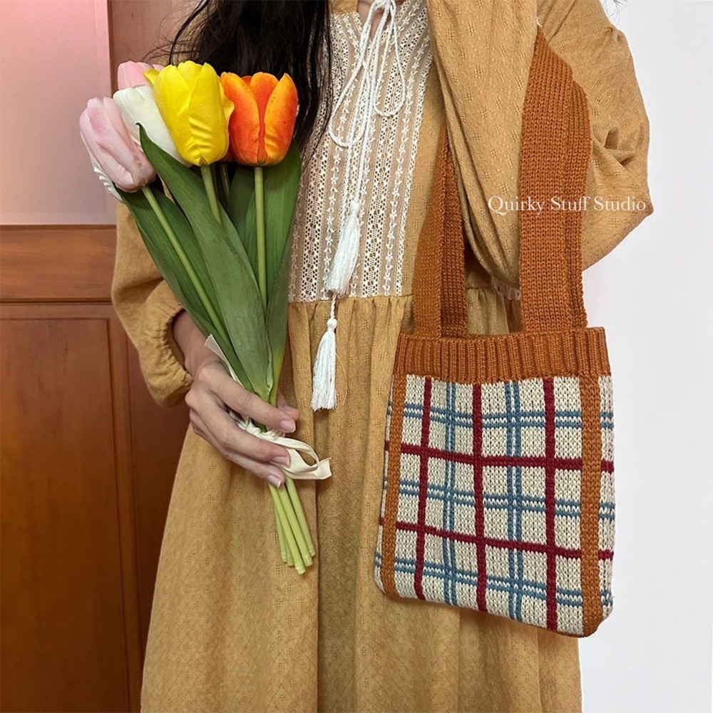 韓系雙色格紋針織包🧶-細節圖2