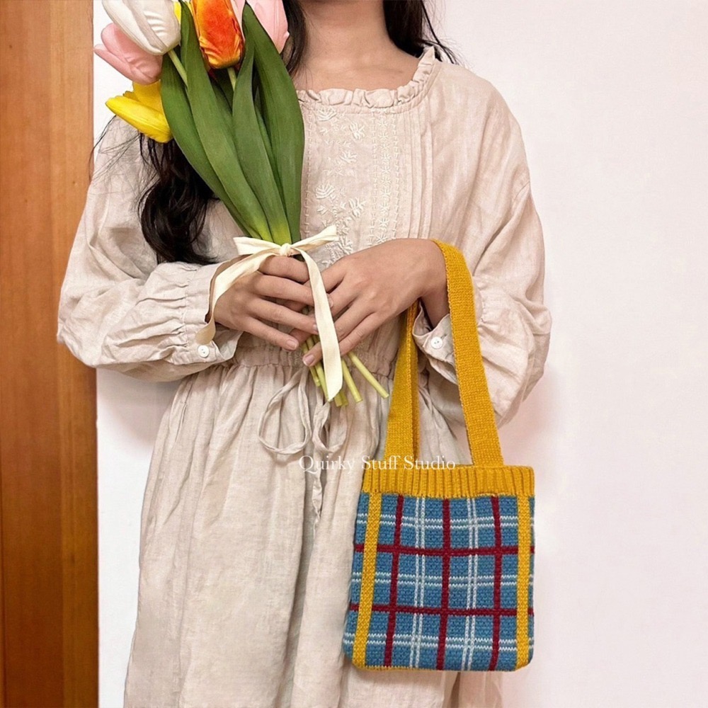 韓系雙色格紋針織包🧶-細節圖3