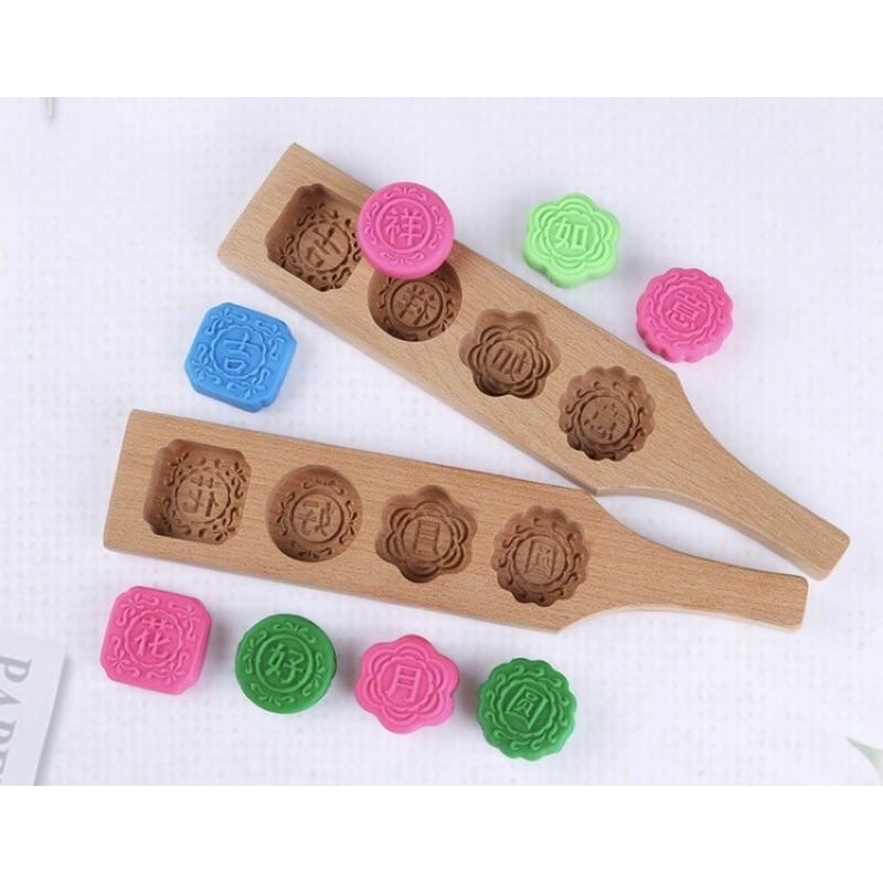 月餅模型，中秋月餅模具 木制月餅模型 月餅印章 綠豆椪圓形印章 饅頭印章-細節圖4