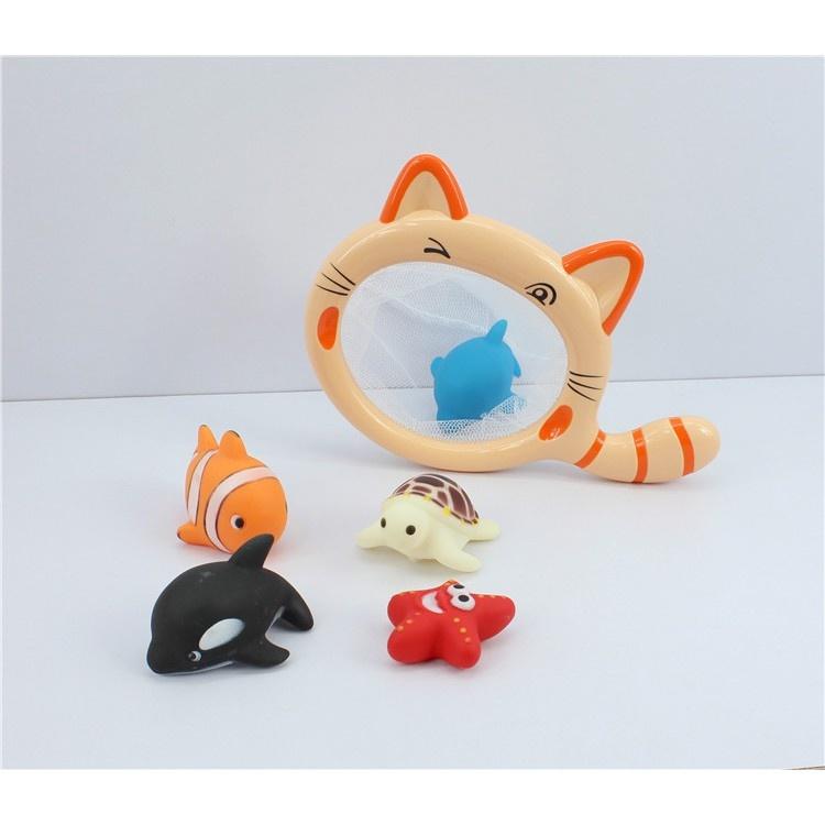 貓咪撈魚網/約魚+洗澡玩熱帶魚海星.海豚.鯊魚.海烏龜6件組 (ST安全玩具)-細節圖3