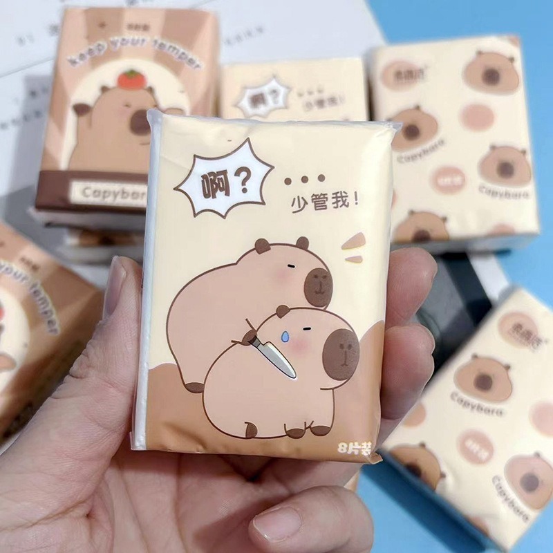 本卡批發 皮巴拉手帕紙👍可愛印花手帕紙 卡皮巴拉小包衛生紙 卡皮巴拉手帕紙 原生紙漿 學生迷你隨身紙巾 CY323-細節圖4