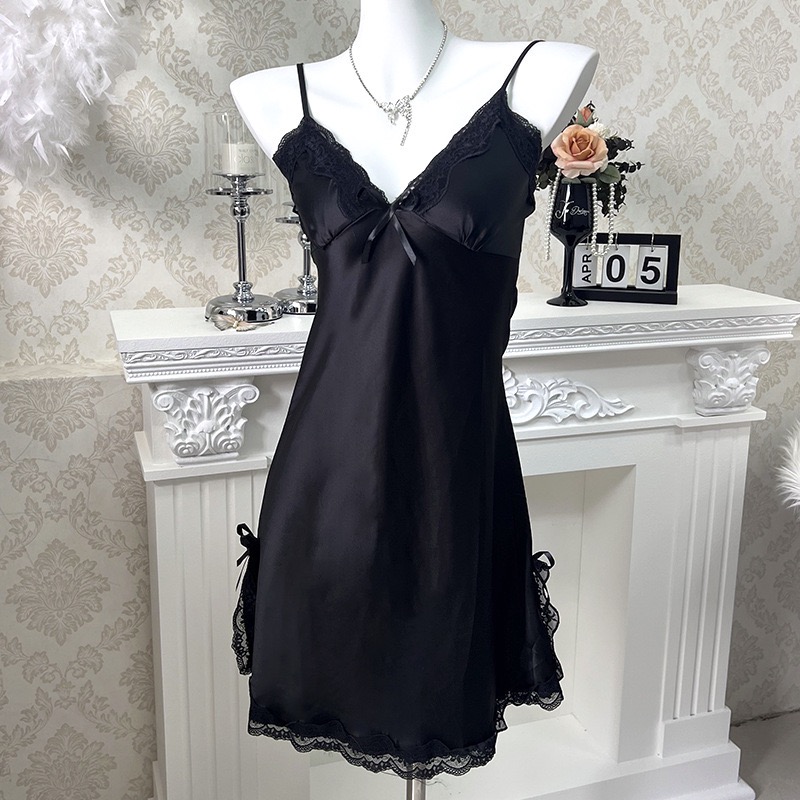 浪漫蕾絲緞面冰絲背心裙 性感睡衣-細節圖3