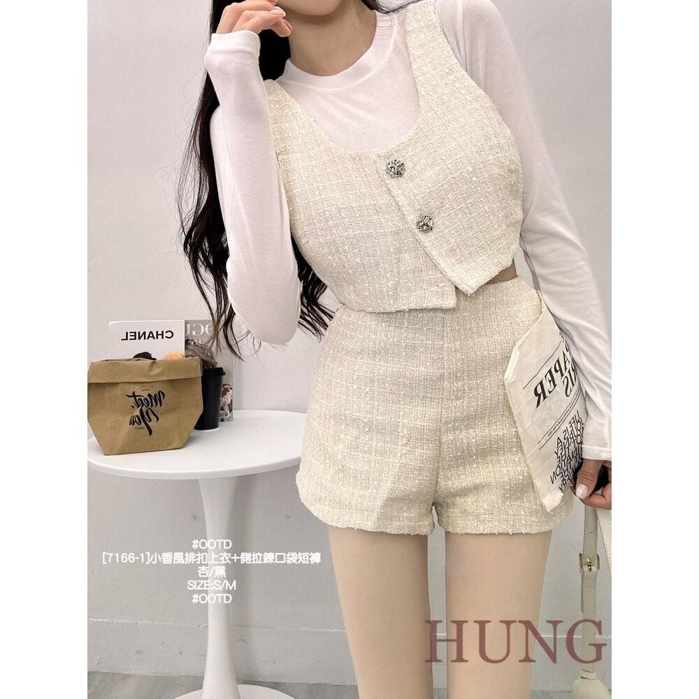 🅷🆄🅽🅶韓系熱門小香風排扣上衣+側拉鍊口袋短褲-細節圖3