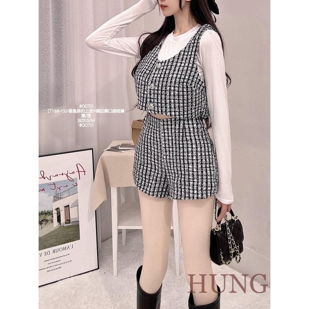 🅷🆄🅽🅶韓系熱門小香風排扣上衣+側拉鍊口袋短褲-細節圖4