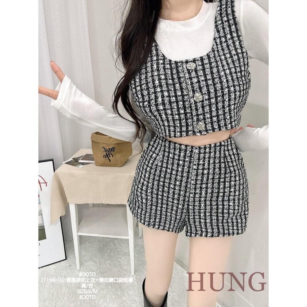 🅷🆄🅽🅶韓系熱門小香風排扣上衣+側拉鍊口袋短褲-細節圖5