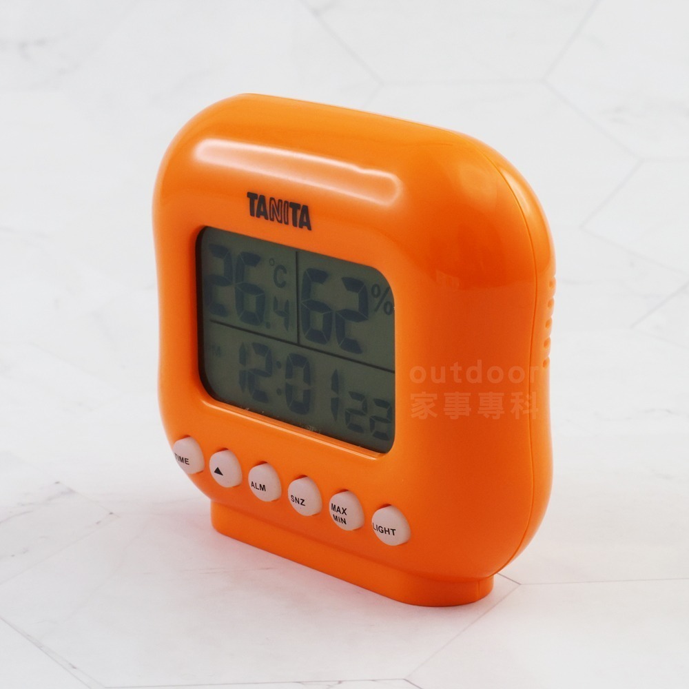 outdoor家事專科 日本 TANITA 時鐘式電子溫溼度計 鬧鐘功能 溫度 濕度 居家測量 橘色 TT-532OR-細節圖2
