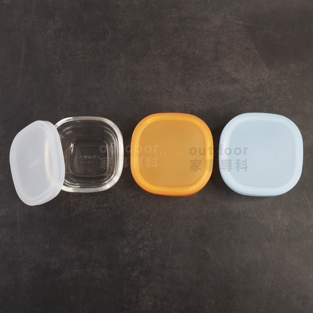 outdoor家事專科 日本 Hario矽膠蓋方形耐熱保鮮盒3件組 迷你保鮮盒 小菜 水果 110mlx白/藍/橘3入-細節圖3