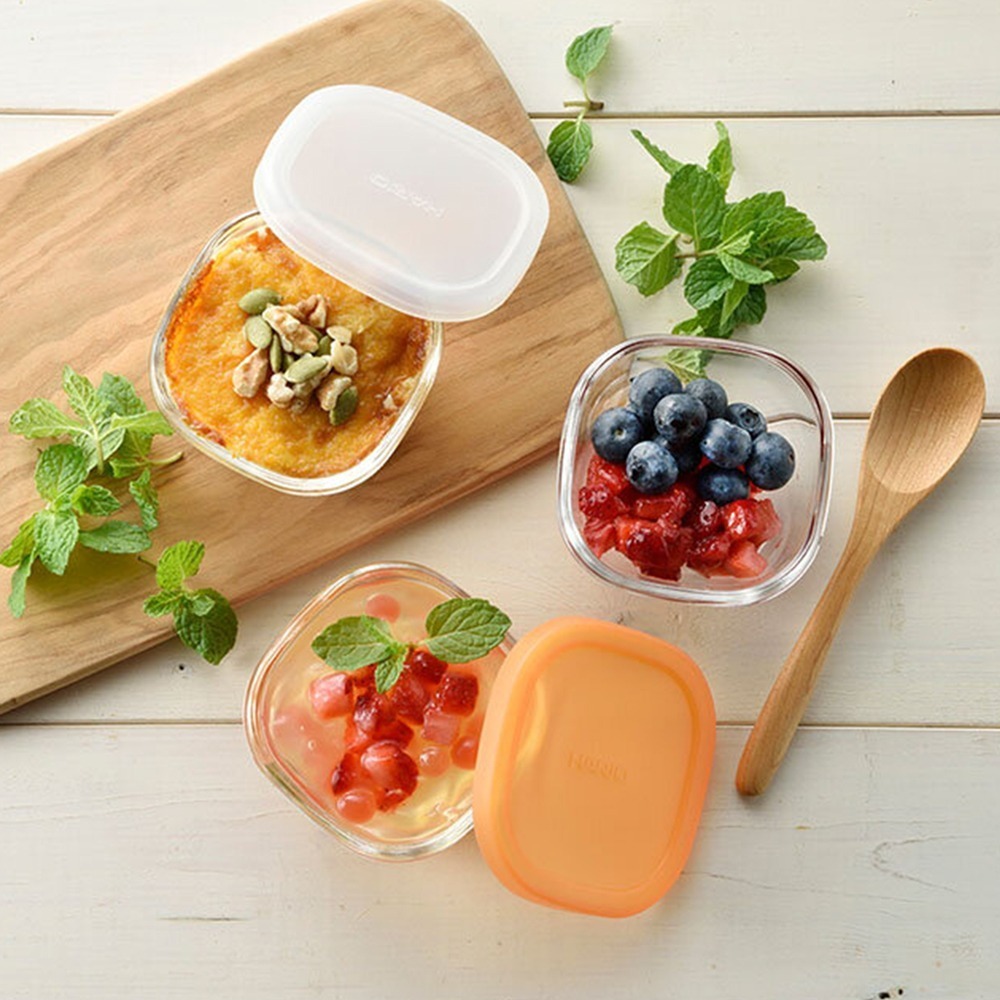 outdoor家事專科 日本 Hario矽膠蓋方形耐熱保鮮盒3件組 迷你保鮮盒 小菜 水果 110mlx白/藍/橘3入-細節圖11