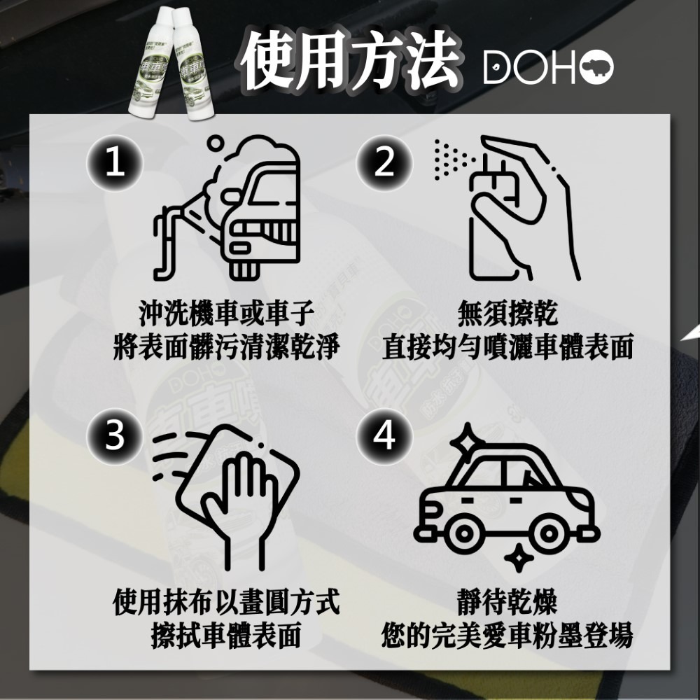 DOHO 車車噴 防水 抗汙 鍍膜附贈抹布一條 輕鬆擺平汽機車鍍膜-細節圖8