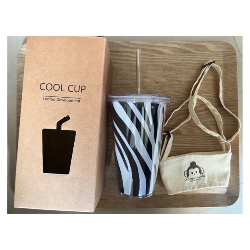 （全新）六福村-斑馬雙層環保杯（附吸管、杯繩提袋）-細節圖3