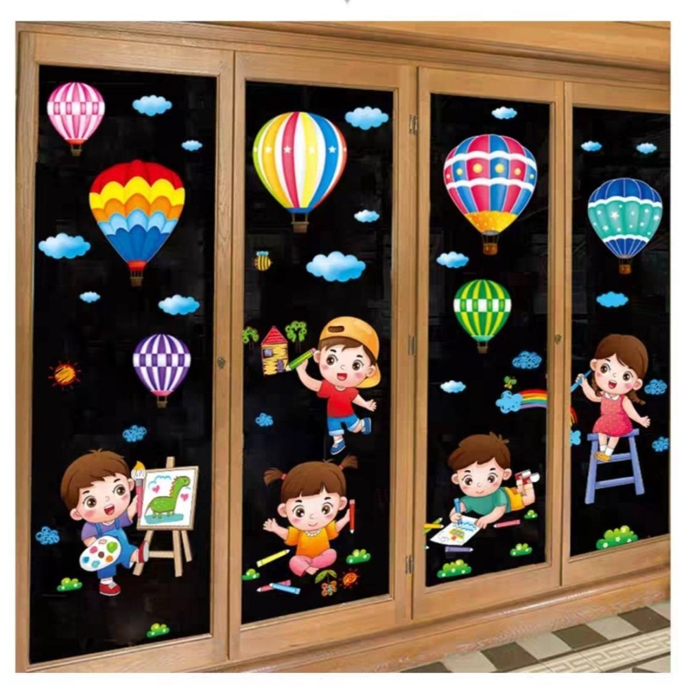 無痕玻璃佈置靜電貼（畫畫小朋友與熱氣球）-細節圖3