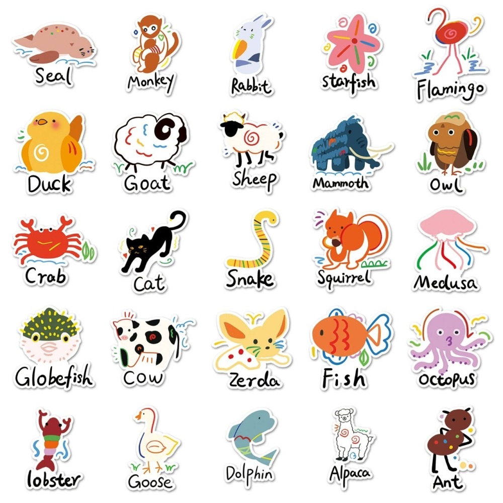 手繪動物圖英文單字防水貼紙 #995(50張)-細節圖3