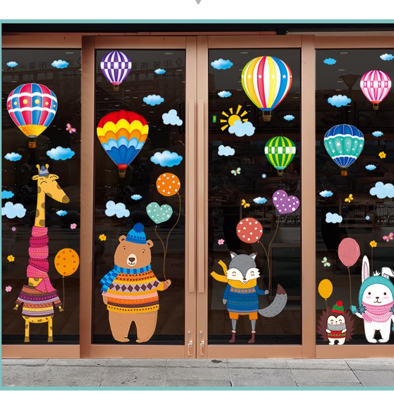 無痕玻璃佈置靜電貼（動物排排站熱氣球）-細節圖2