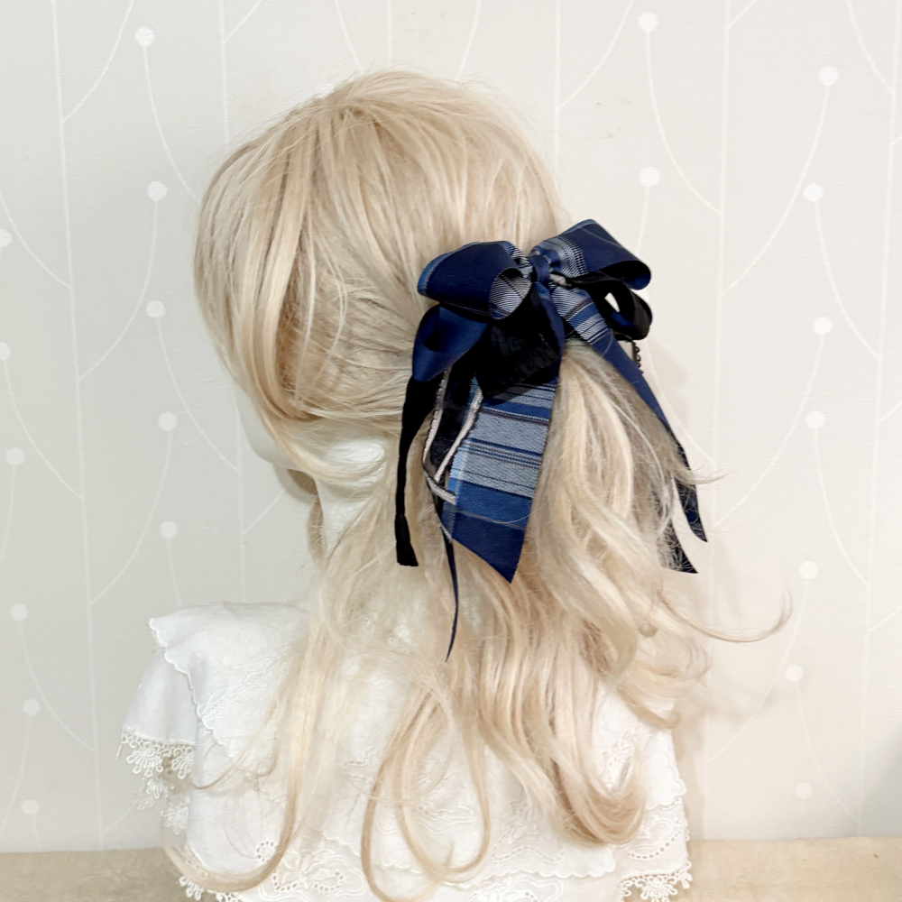 ＊哈娜髮飾＊長版手工仙女夾 丈藍格子 鯊魚夾 香蕉夾 髮圈 馬尾夾  鯊魚夾 髮梳 壓夾 相交夾 抓夾 邊夾 髮叉髮夾-細節圖3